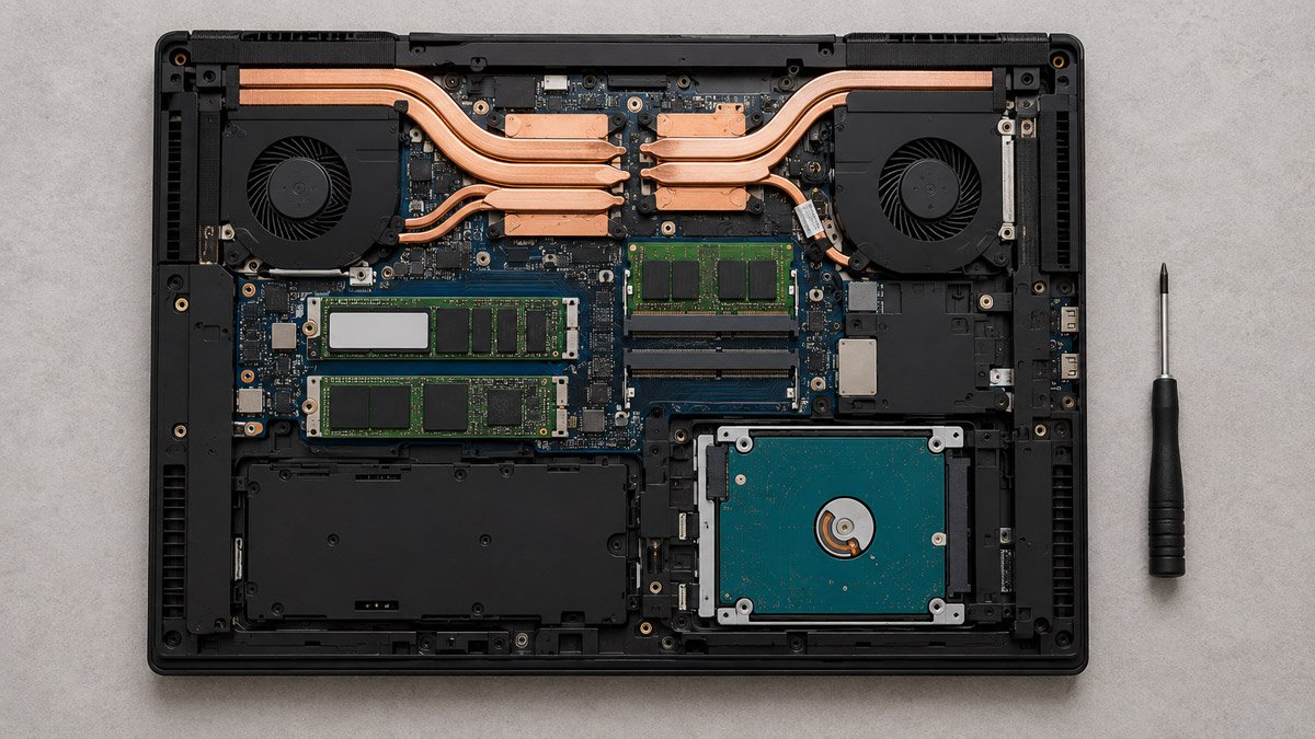 Interior of a 17-inch gaming laptop with the bottom panel removed, showing memory slots, M.2 SSD slots, and heat pipes