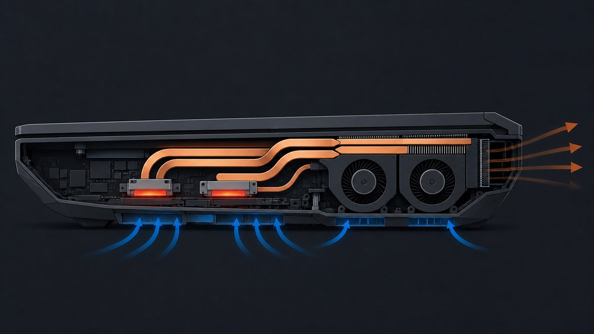 Cross-section diagram of a thick gaming laptop showing intake airflow, heat pipes, twin fans, and rear exhaust vents