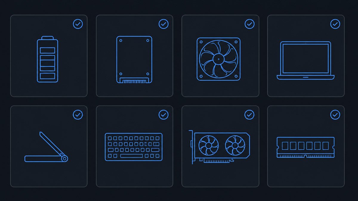 Eight-point inspection checklist for buying a used gaming laptop, covering battery, SSD, fan, screen, hinges, keyboard, GPU, and RAM