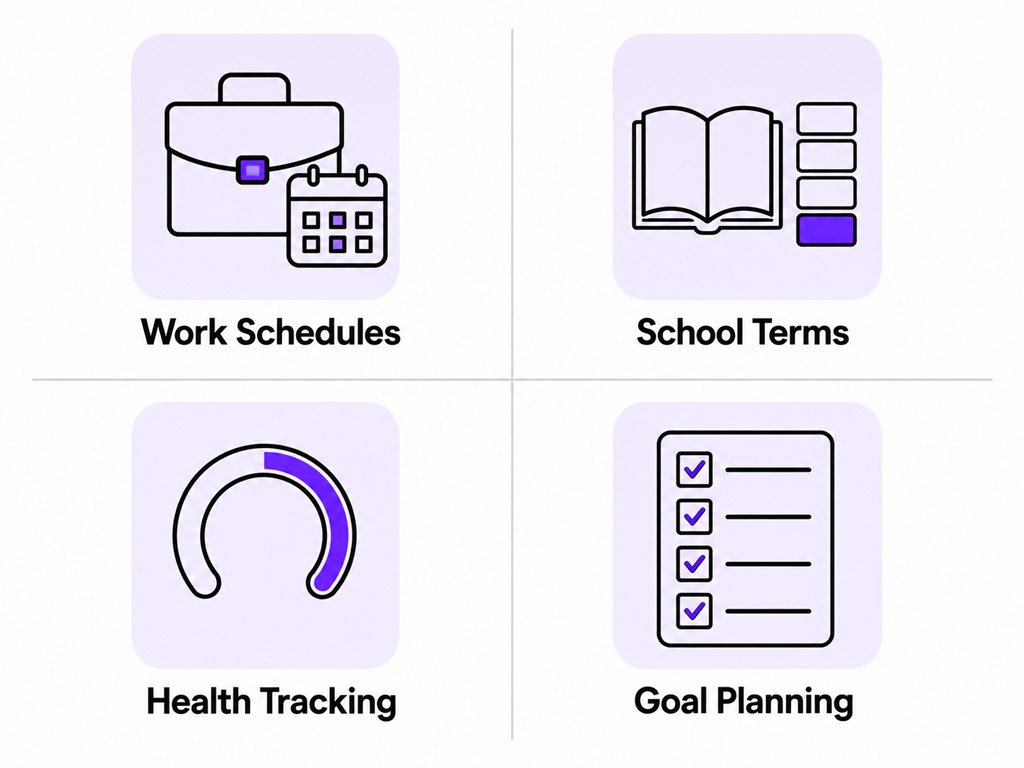 Four icons showing how weeks are used for work, school, health tracking, and goal planning